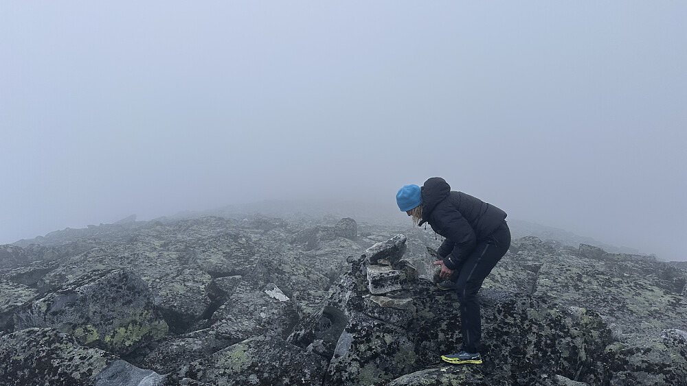 Den lille varden på Søre Høgvagltinden 2015 moh hadde rasa ned. Så la opp igjen steinane. 