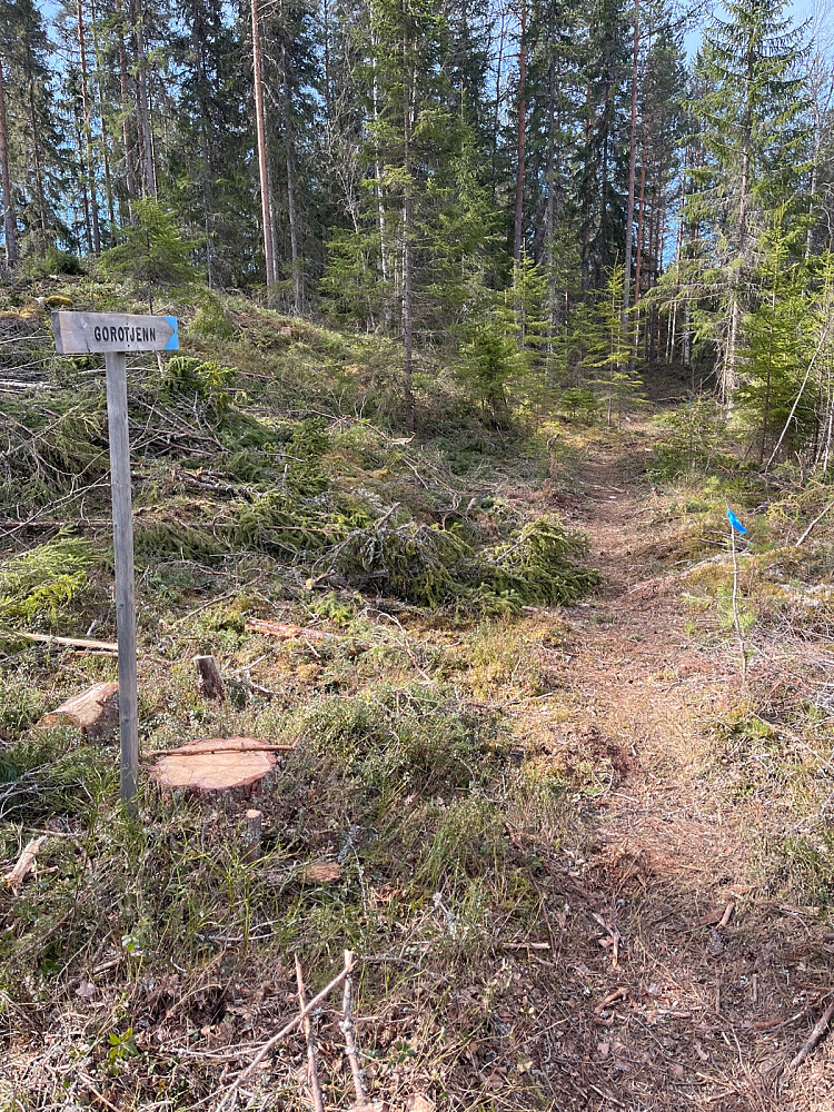 Holdt hogstvei litt for lenge og kom til dette skiltet og måtta da busje litt for å komme inn på stien igjen