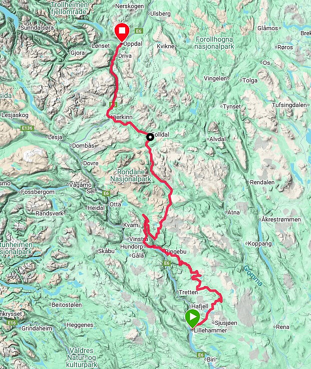 Første dag gikk fra Lillehammer til Oppdal. Mest mulig grus i starten, men vi måtte på asfalt fra Ringebufjellet til Oppdal