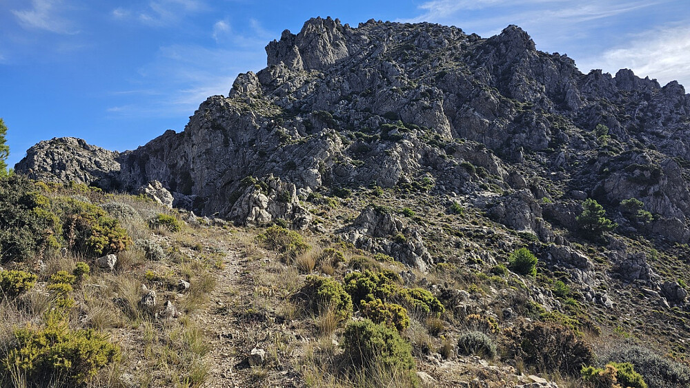 Oppe i skaret var det slutt på lettgått sti, og de 200 høydemetrene herfra til toppen gikk i svært krevende terreng