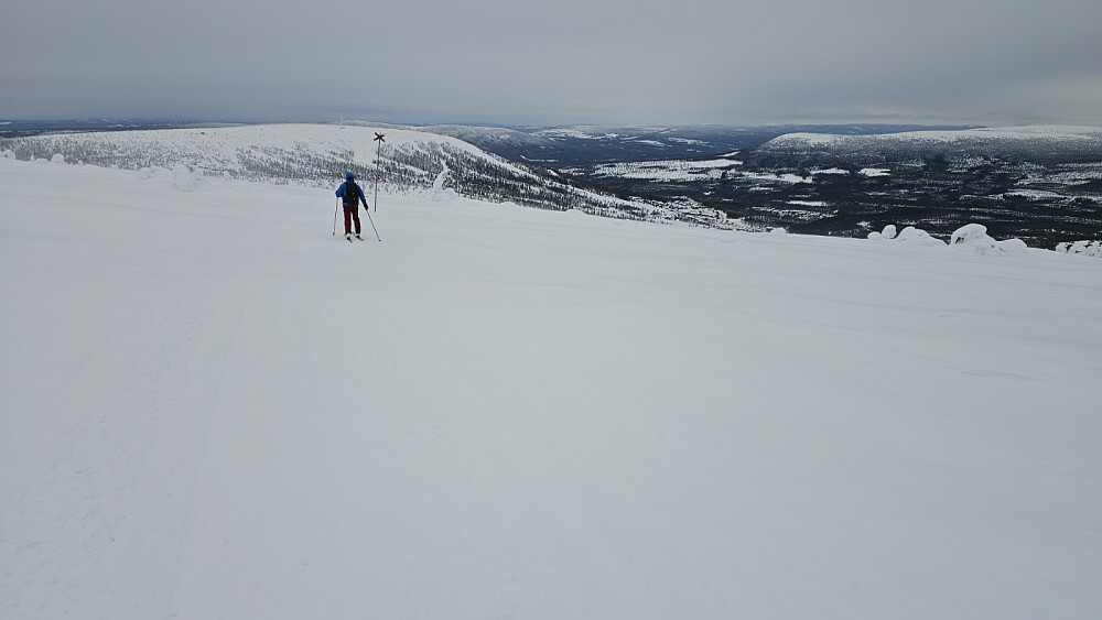 Da nærmet vi oss alpinbakkene og kunne ta fellene av skiene.