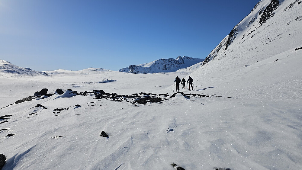 Endelig oppe på snøføre, men delvis hard og glatt snø, og kald og tørr snø, som gjorde at fellene måtte sitte på
