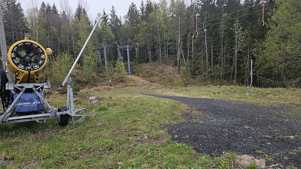 Stien gikk mellom toppen av heisene og inn i skogen