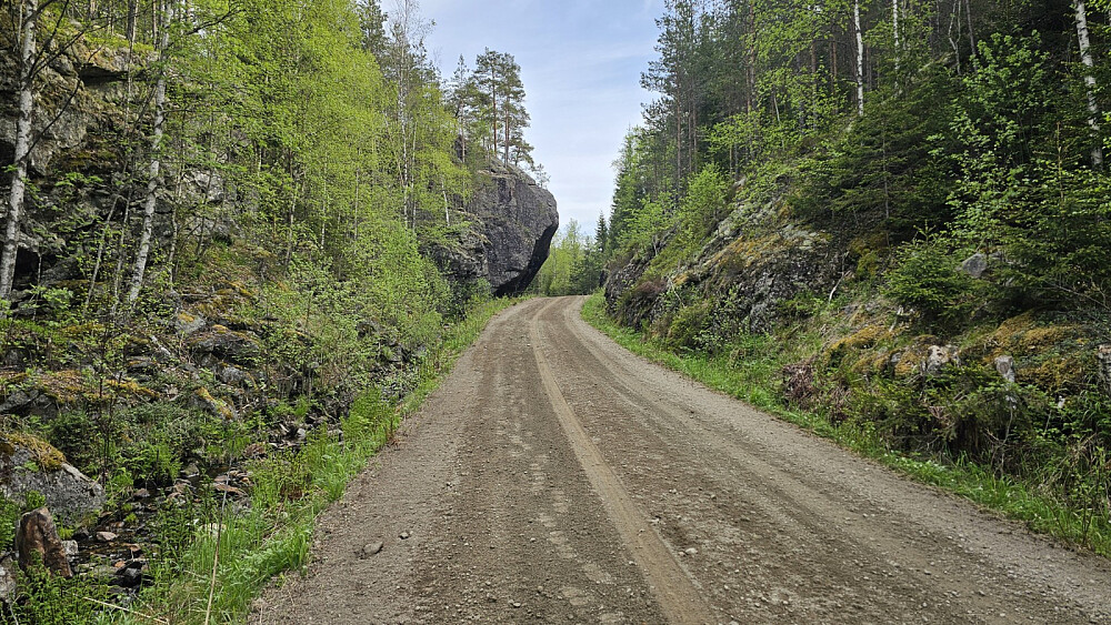 Stillig stein her som henger ut over veien