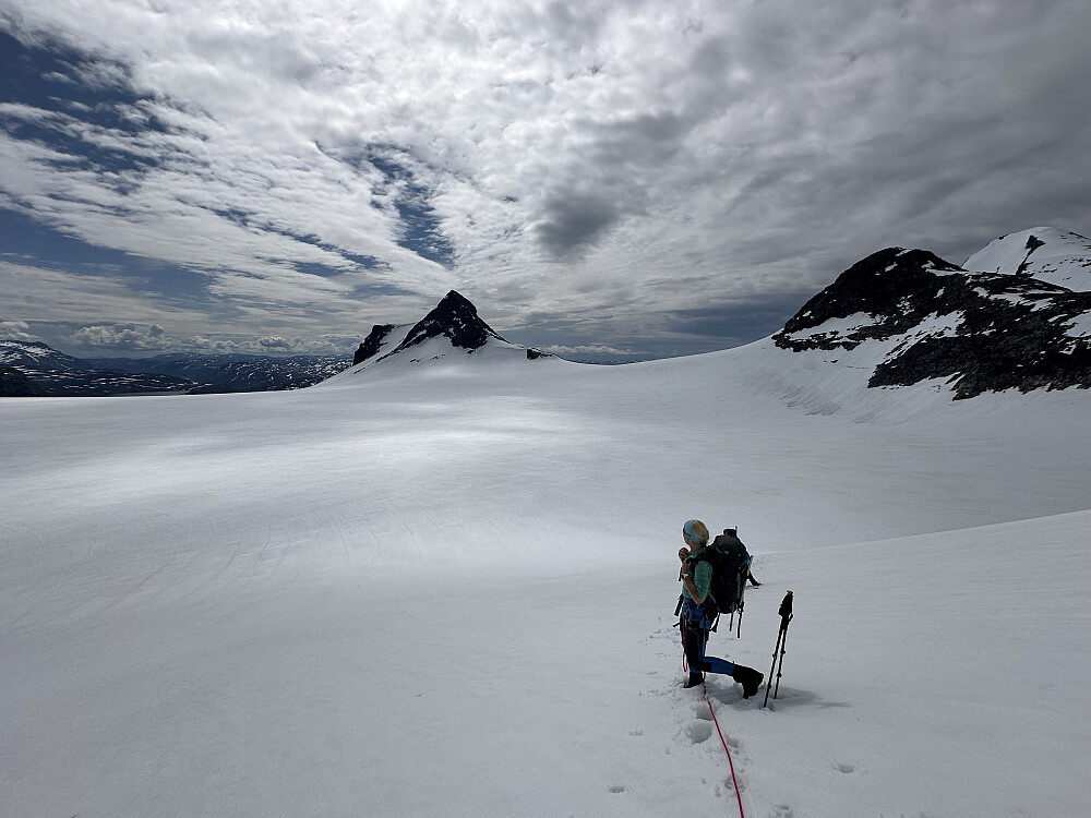 Cecilie på Mjølkedalsbreen med Langeskavltinden bak