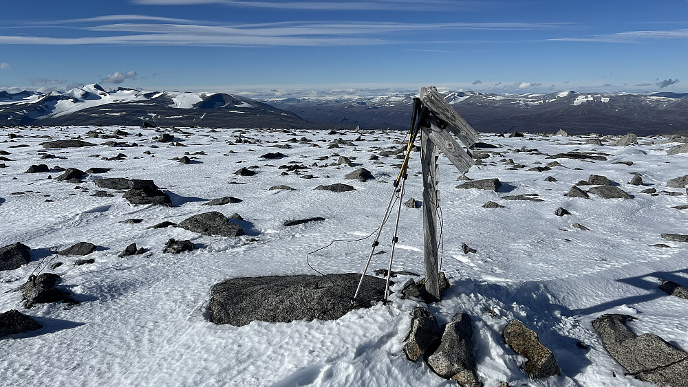 Toppunktet på Store Trollsteinhøe er midt ute på at stort platå og det var tre forskjellige varder like ved hverandre. Dette trigo-punktet var det som Peakbook-appen annerkjente som toppunktet