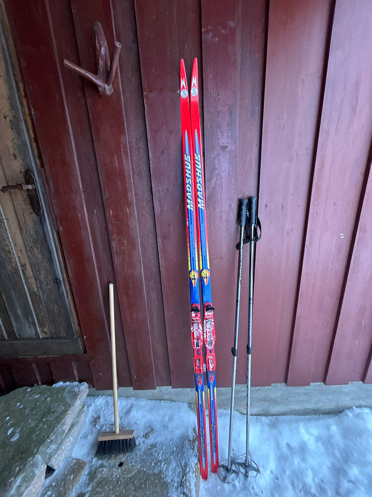 Skiene mine i hytteveggen på Krokskogen.