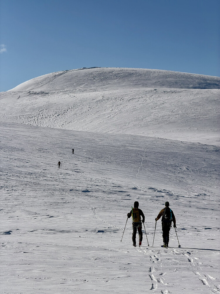 Over Tindefjellsbreen etter å ha passert hovedtoppen på Bings Brekuppel 