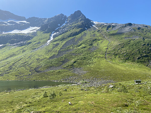 Bilde #4: Taskedalshornet. Jeg tok turen opp dit ei uke senere, og endte da med å velge en dum trasé med mye vegetasjon, både på vei opp, og på vei ned igjen. Når jeg i ettertid studerer dette bildet, ser jeg imidlertid at en fin trasé opp dit ville være langs renna i høyre billedhalvdel; ikke for bratt, og ikke for mye vegetasjon.