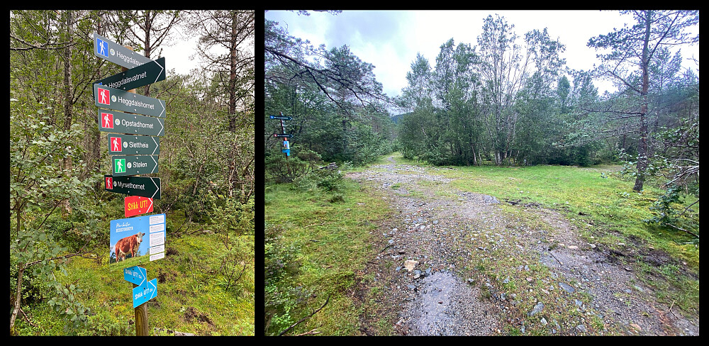 Bilde #3: Like etter at veien krysser Nord-Heggdalselva, kommer man til dette veiskillet. Her tok jeg til høyre, og fulgte en alternativ skogsvei i retning Heggdalsvatnet [254 m.o.h.]. Mens veien rett fram mer eller mindre følger elva og dalbunnen innover (i hvert fall et stykke), går veien til høyre innover samme dalen om lag 40-50 høydemeter høyere oppi skogen og fjellsida på Myrsethorn-sida av dalen.