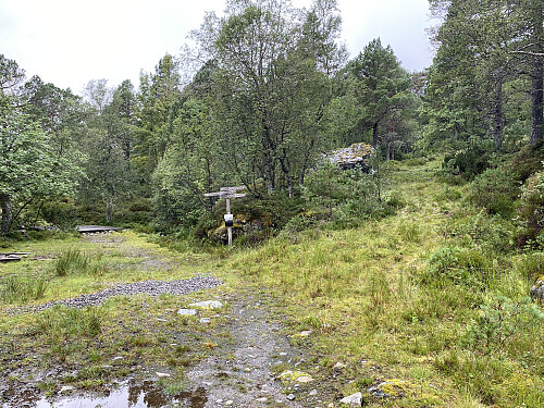 Bilde #5: Like før man kommer til Heggdalsvatnet, kommer man til dette veiskillet, der en lite brukt skogsvei tar opp til høyre, i retning Tåhaugen og Myrsethornet.