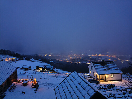 Skue mot Vikebygd, delvis avgøymd i skodda.