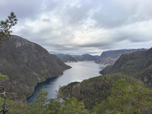 Frå Storåsen ser ein Erfjorden. Til venstre Erøyna Skuta og Jentefjellet til høgre.