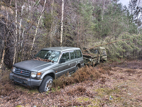 Fleire bilar i forfall på denna skogsvegen.