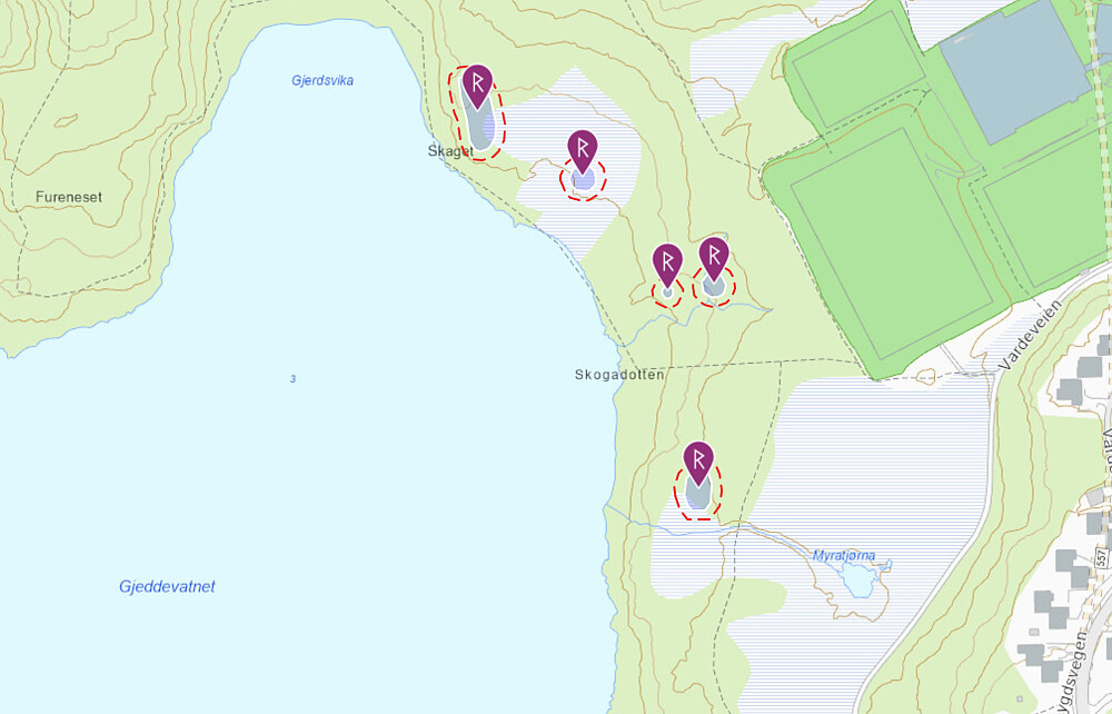 Steinalderlokaliteter øst for Gjeddevannet. Kart hentet fra kulturminnesok.no.