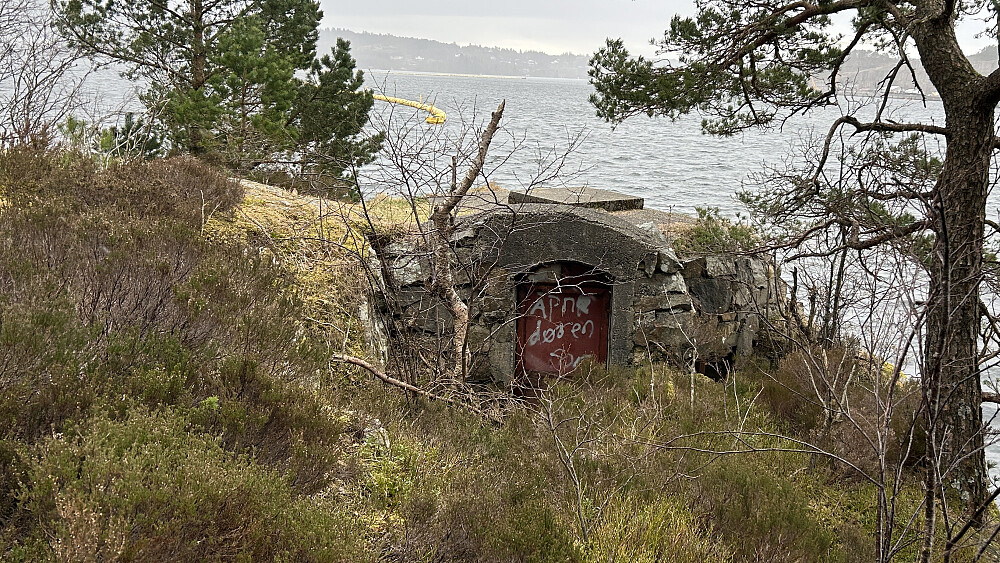 Bunkers i sjøkanten på SV-siden av neset. Foto mot sør. GPS 32V 292590 6694921.