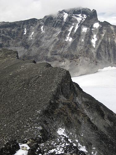 Tilbakeblikk ned mot Nørdre Bukkehøe. Skardstinden i bakgrunnen
