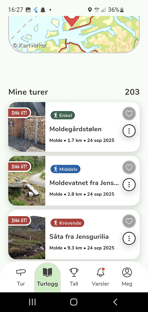 203 stikk-ut registreringer i år (22 turmål), og endelig en rød :-) 