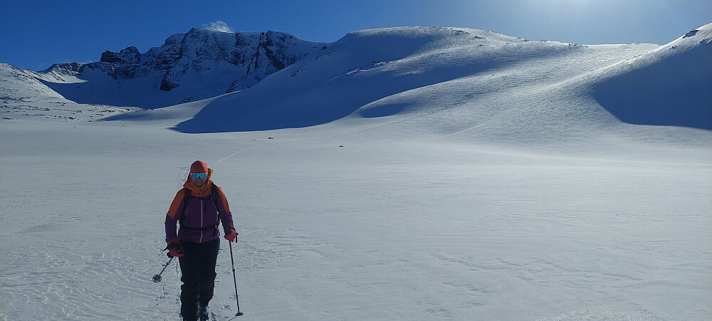 Britt med Leirhøe bak, og skispora våre til høgre.