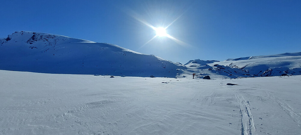 Nesten tilbake i skaret ved Skautkampen. Ryggjen vi følgde mot Skauthøe i bakgrunnen, og Galdhøpiggen bak den igjen.