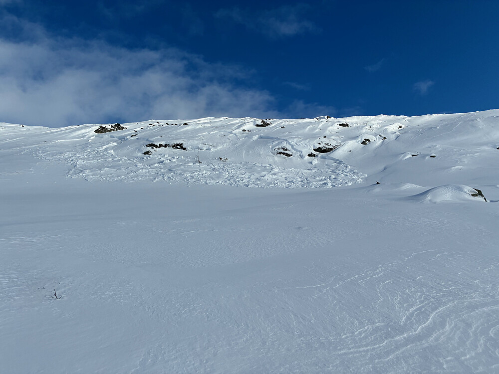 Hadde gått en del små skred opp vestsida på Veslfjellet. Men her klarer man akkurat å unngå skredterreng dersom skredene ikke blir veldig store.