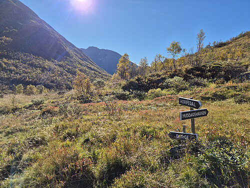 Merkt mot Berge. Ikkje alltid like godt merkt sti nedover dalen. 