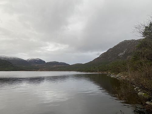 Morgon ved Forenesvatnet. Toppane er kvitpynta over ca. 600moh
