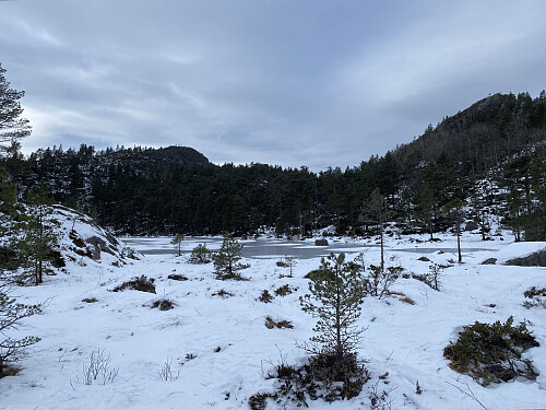 Tilbakeblikk mot øvste tjødna i Ospeskardet, sjølve skardet og Knausane