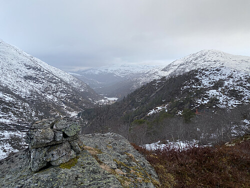 Utsikt mot Øktarenuten og Nonsnut som nesten går i ett, og ned dalen mot Grastjørn ved E134