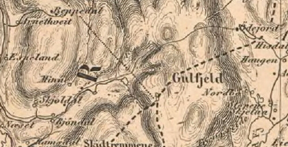 utsnitt i kart datert 1870 som viser ferdselsveien opp gjennom Skarabrekka og over Gullfjellet til Ødejord ved Gullbotn. 
Kart:
Kartverket (Norges Geografiske Oppmåling): Rektangelmåling 1:200000, Martinius Thorsen Kingo
S. A. Aarnes
H. N. Bergh, 1870.
