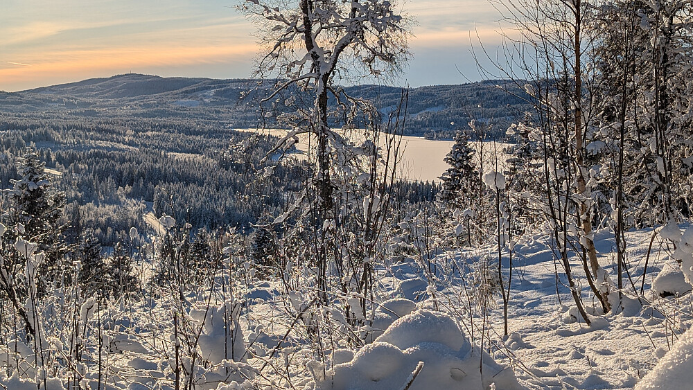 Mot Skumsjøen og vi ser Lauvhøgda i Vestre Toten oppe til venstre i bildet. 