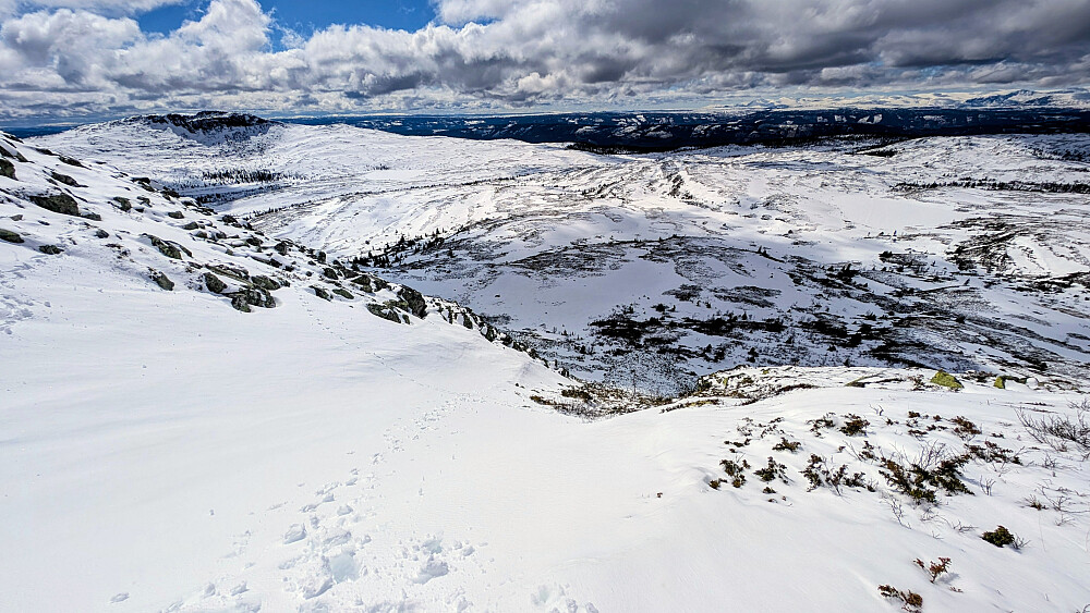 Øverst i den bratte renna mot Rundemellen. En del snø der, men nede i renna lite snø