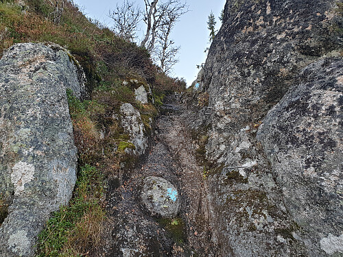 Klyvepunkt med stigtrinn festa til fjellet på veg til Stol.
