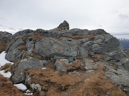 Toppområdet på Tofjellet med trimpost i le for søraustvinden.