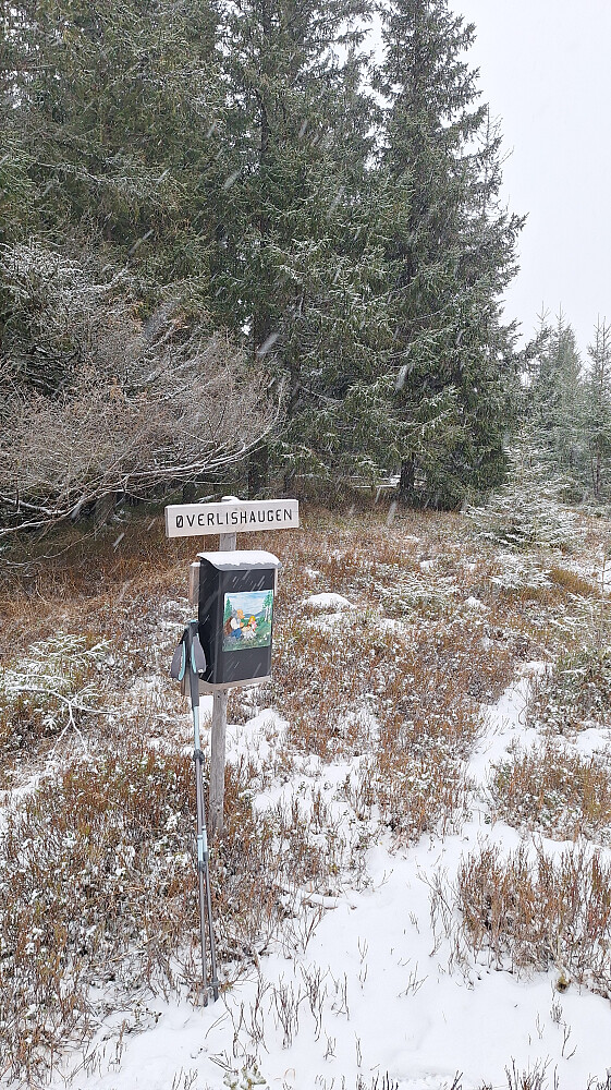 Kom innpå en sti fra sør like før toppen. Her var det både rastebord og kasse.
