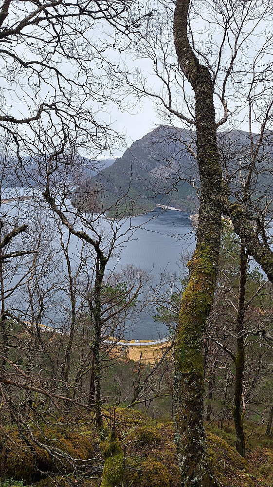 Ca. 150 moh. og ser ned på bilen etter å ha rundet stupkanten.