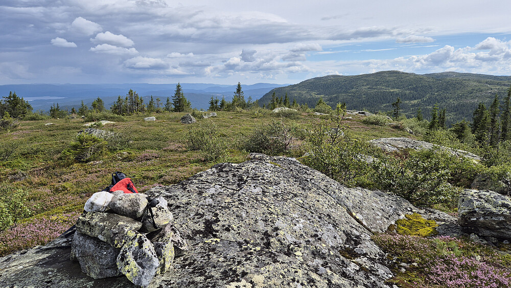 Trivelig på toppen av Folegrønuten (980). Fint toppområde. Bildet tatt mot sør/sørøst. I bakgrunnen helt til høyre er Venåsfjellet (1037).