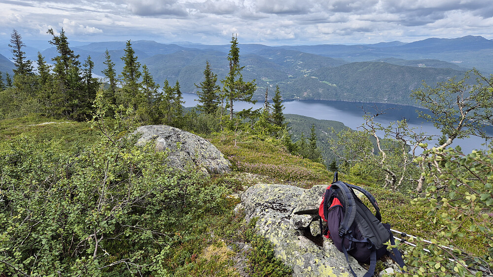 Noen få steiner utgjorde toppvarden på Linatten (939). Langt der nede ligger Tinnsjå. Bildet tatt mot nord/nordøst. Av dagens topper hadde denne den råeste utsikten.