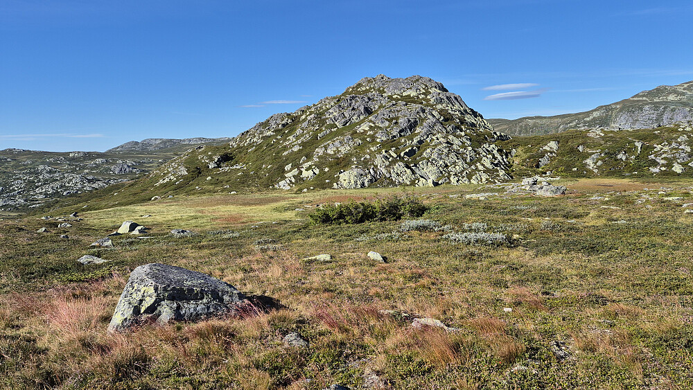 Selve Urdetjønnfjell (1139) sett fra nordøst. I den grønne lyngen ved foten av fjellet til venstre, ser man tydelig en sti. Denne stien fulgte jeg et lite stykke, men den så ut til å passere litt sør for toppen og fortsette mot sørvest. Så siste meterne til topps gikk jeg i terrenget.