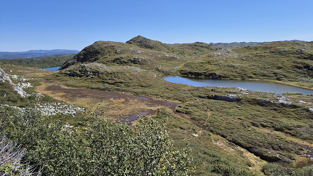 Under nedstigningen fra Døvlingstjørnfjellet (1130) ser jeg over mot neste turmål, Døvlingstjørnfjellet Sørøst (1117). Stien jeg fulgte mot sistnevnte topp ses i terrenget nedenfor.