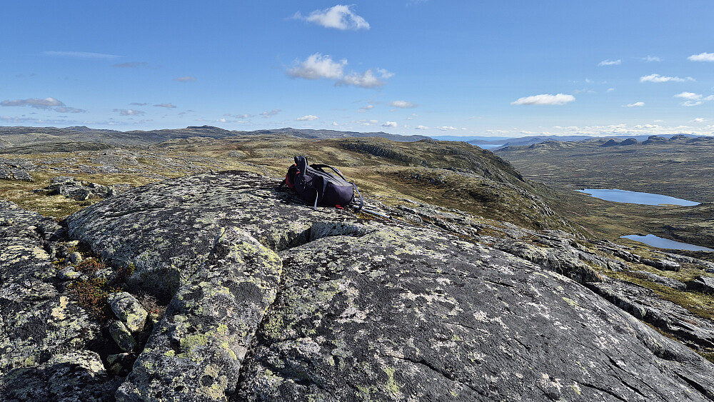 På Søltjønnhovda (1357) var det ingen toppvarde. Bildet tatt mot øst/nordøst. I bakgrunnen helt til høyre ses det kuperte Nutenuten-området, som jeg besøkte på slutten av turen.