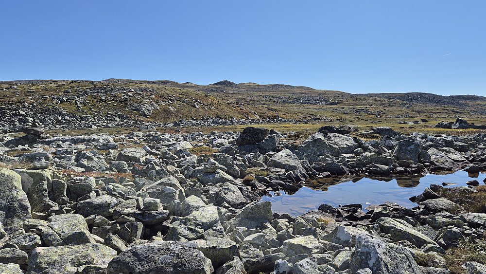 På vei mot Jonsnuten, hvor jeg er i det flate partiet ved Røysetjønnan. Her var det mer steinete terreng, noe myr, og en del små tjern. Selve toppen av Jonsnuten (1453) befinner seg omtrent rett bak den mørke, tydelige knausen nokså midt i bildet.