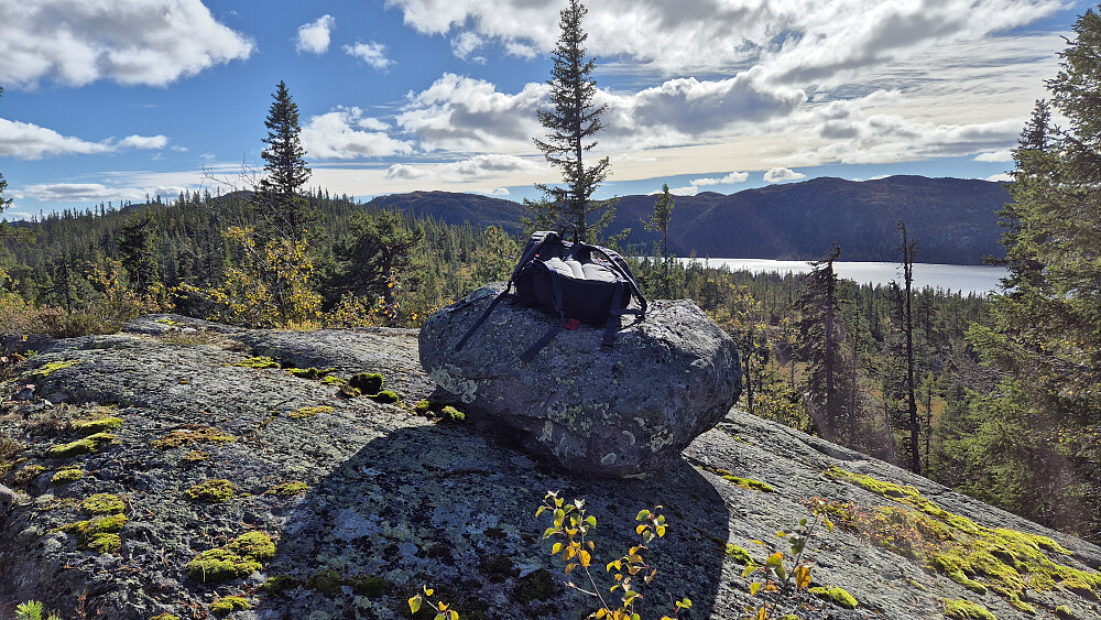 På toppen av Storlibrotet Nord (894) hvor det bl.a. var god utsikt tilbake mot Storlibrotet (912), som er den skogkledde høyden bak til venstre. Skjesvatn ses til høyre.