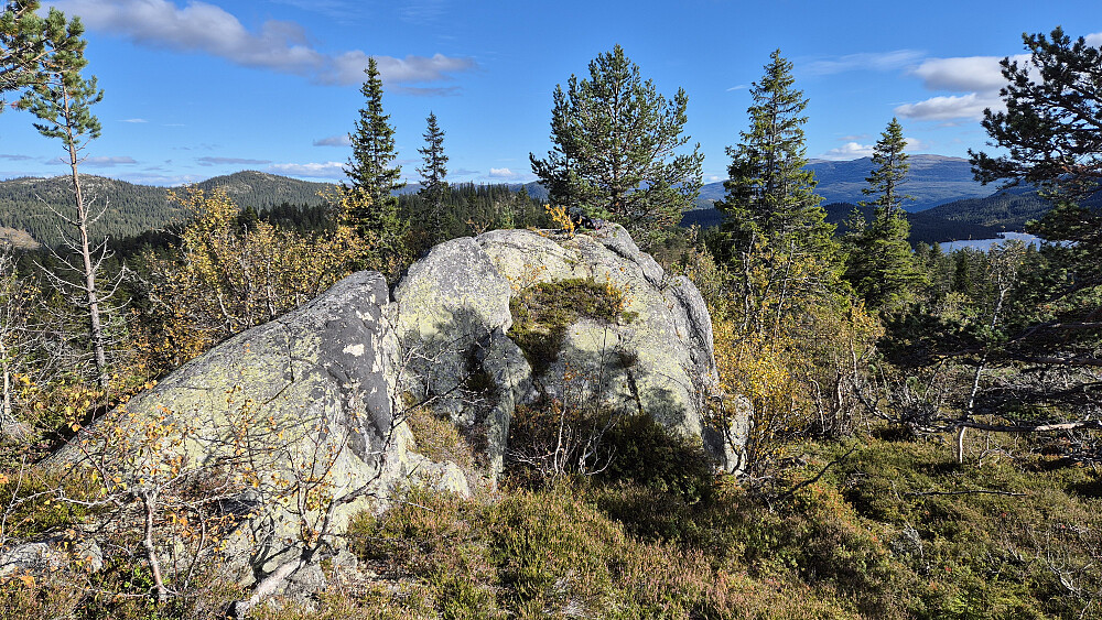 Toppen på høyden Nordøst for Vrimdalsnut (883) var på denne ganske smale bergknausen. Faktisk litt småluftig å gå oppå denne. Utsikt var det også. En kul og artig liten topp. Sekken min ligger bakerst på bergknausen.