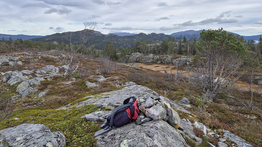 Sekken min ligger ved toppvarden på Jønnardalsfjellet (870). Bildet tatt mot øst/sørøst. Toppen til venstre som er bak bjørka, er Furufjellet (994).