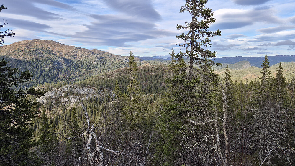 Litt etter at jeg forlot Goplenuten (890) så jeg over mot bl.a. Rustfjellet/Brenderustfjell (1166), som bader i sol helt til venstre i bildet. Det nærmeste og avlange fjellet midt i bildet, som er brunt og ganske snaut øverst, er Jønnardalsfjellet (870). Enda litt nærmere og til venstre ses det lyse berget på høyden Sørvest for Jønnardalsfjellet (824).
