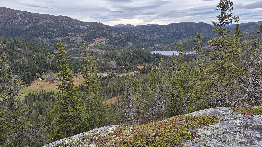 Fra Bukkebergåsen (821) var det fin utsikt ned mot bl.a. Jønnardalen. Vannet bak til høyre er Valetjønn.