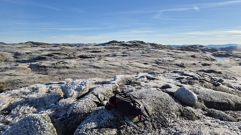 På toppen av Lonntjønnibba Sørøst (1323). Det todelte fjellet i bakgrunnen nokså midt i bildet, er Staupsfjellet (1340), hvor den til høyre er høyest. 