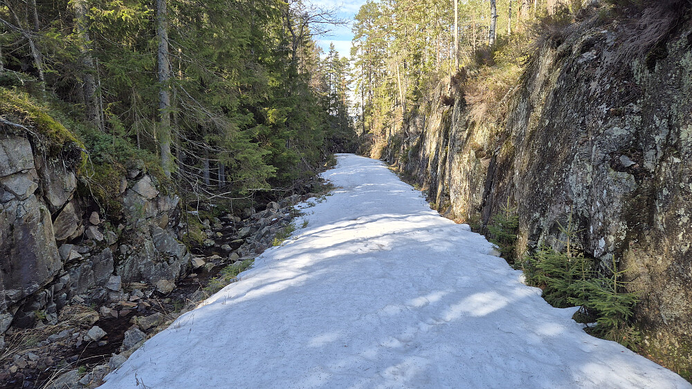 Partiet hvor jeg trasket mest på snø var her, på veien i Sværeiddalen. Gjennom hele denne lille dalen lå det 10-15 cm snø. Da jeg nådde grusveien litt lengre nede, på drøyt 150 meters høyde, ble det helt bart igjen.