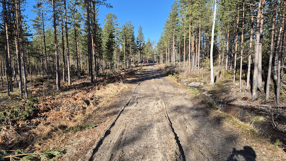 Jeg har gått forbi Moen og står på veien like sør for Rundmyr. Lengre framme er det en traktor og bl.a. stablet noen paller, og der deler veien seg. Til venstre er mot Laksvassfjellet, og til høyre Store Solåsen.